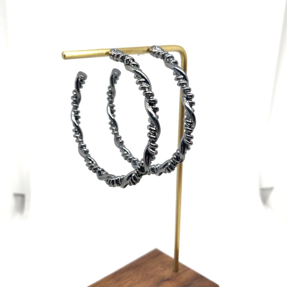 Hoop Earring Twisted Black Metal Look Textured Dark Gray